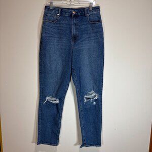 American Eagle 12 LONG Curvy Mom Jeans Medium Wash Distressed Ripped Knees